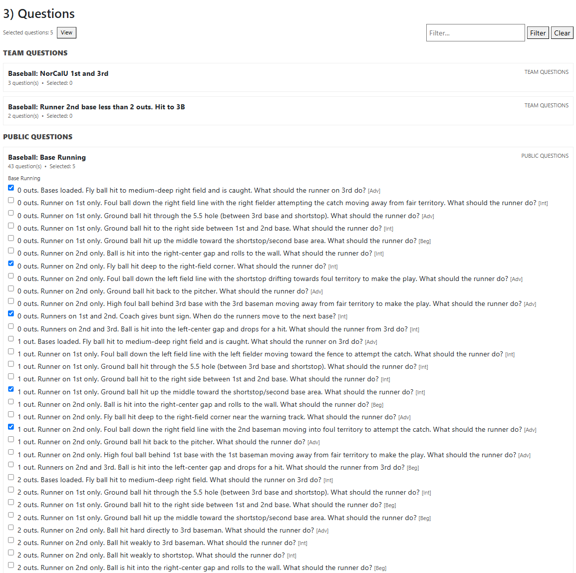 Situation Prep question selection screen